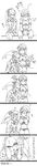 1girl alternate_costume blush comic commentary crossdressing detached_sleeves fins fish_girl gerudo_link greyscale highres jewelry link long_hair long_image midriff mipha monochrome monster_girl navel no_eyebrows otoko_no_ko pointy_ears ponytail shuri_(84k) smile stomach tall_image the_legend_of_zelda the_legend_of_zelda:_breath_of_the_wild translated veil zora 