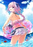  astolfo_(fate) back beach bikini bikini_skirt black_bow blush bow braid cloud collarbone commentary_request day fang fate/apocrypha fate/grand_order fate_(series) fisheye flower frilled_bikini frills front-tie_bikini front-tie_top hair_ribbon ikegami_akane light_rays long_hair looking_back male_focus midriff navel ocean one_eye_closed otoko_no_ko outdoors pink_hair purple_eyes ribbon single_braid sky stomach sunbeam sunlight swimsuit very_long_hair white_bikini 