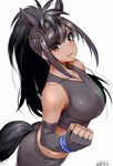  animal_ears bangs bare_shoulders black_gloves black_hair blush breasts bridle brown_eyes brown_hair brown_thoroughbred_(kemono_friends) closed_mouth commentary_request cowboy_shot crop_top dark_skin elbow_gloves fingerless_gloves from_side gloves hairband happa_(cloverppd) high_ponytail horse_ears horse_girl horse_tail japan_racing_association kemono_friends large_breasts logo long_hair looking_at_viewer looking_to_the_side midriff sidelocks smile solo sports_bikini swept_bangs tail wristband 