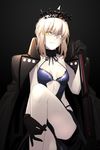  artoria_pendragon_(all) artoria_pendragon_(swimsuit_rider_alter) bangs black_gloves black_jacket blonde_hair breasts closed_mouth collarbone commentary dark_excalibur fate/grand_order fate_(series) gloves halterneck holding holding_sword holding_weapon i-pan jacket jacket_on_shoulders leg_up looking_at_viewer pale_skin revealing_clothes short_shorts shorts small_breasts smile solo sword tiara weapon yellow_eyes 