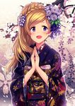  blonde_hair cherry_blossoms emily_stewart floral_background floral_print flower hair_flower hair_ornament idolmaster idolmaster_million_live! ima_(lm_ew) japanese_clothes kimono long_hair looking_at_viewer one_side_up open_mouth purple_eyes smile solo 