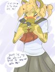  anthro blonde_hair blush clothing dialogue embarrassed english_text female hair hyena kl0ndike mammal open_mouth school_uniform sharp_teeth skirt speech_bubble talking_to_viewer teeth text uniform 