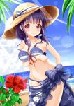  beach bikini blush breast_hold breasts coconut_tree day flower hair_flaps hair_ornament hat highres kantai_collection low_twintails medium_breasts outdoors palm_tree purple_hair red_eyes sand sarong solo sun_hat sunlight swimsuit taigei_(kantai_collection) tree twintails water whale_hair_ornament zenon_(for_achieve) 