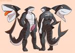  2017 anthro butt digital_media_(artwork) erection fish male mammal marine muscular muscular_male nude open_mouth penis qundium red_eyes shark simple_background smile solo standing stripes teeth tiger_shark tongue 