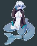  2016 anthro blush bottomless breasts clothed clothing collar female fish hair looking_at_viewer marine nipples partially_clothed pussy shark sitting solo white_hair zeveth 