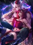  1boy 1girl animal_ears breasts couple league_of_legends pelvic_curtain rakan_(league_of_legends) riot_games sakimichan sitting thighhighs whisker_markings xayah 