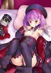  ass black_panties blush breasts colonel_olcott_(fate/grand_order) detached_sleeves fate/grand_order fate_(series) hat helena_blavatsky_(fate/grand_order) inverted_nipples looking_at_viewer lying nipples on_back panties purple_eyes purple_hair rokushou_kokuu short_hair small_breasts smile solo strapless thighhighs underwear white_sleeves 