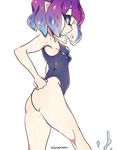  ass bare_shoulders blue_eyes blush breasts closed_mouth covered_navel domino_mask flat_ass from_side highleg highleg_swimsuit highres inkling junco looking_at_viewer mask one-piece_swimsuit pointy_ears purple_hair short_hair sideboob simple_background small_breasts solo splatoon_(series) swimsuit tentacle_hair white_background 