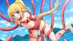  au_ra bikini blonde_hair blue_eyes blush dragon_girl dragon_horns dragon_tail final_fantasy final_fantasy_xiv highres horns kazenokaze long_hair looking_at_viewer navel open_mouth ponytail red_bikini restrained scales solo swimsuit tail tentacles water 