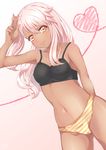 absurdres armpits arms_behind_back ass_visible_through_thighs bangs bare_arms bare_shoulders black_bra blush bow bow_panties bowtie bra bra_strap breasts camisole chloe_von_einzbern closed_mouth collarbone cowboy_shot dark_skin eyebrows_visible_through_hair eyelashes fate/kaleid_liner_prisma_illya fate_(series) gradient gradient_background gradient_eyes hair_between_eyes hand_to_head hand_up heart heart_of_string highres legs_apart lips long_hair looking_at_viewer multicolored multicolored_eyes nanamira_bi navel one_side_up orange_bow orange_eyes orange_neckwear panties pink_hair side_ponytail small_breasts smile solo stomach striped striped_camisole striped_panties underwear underwear_only v w yellow_eyes 