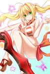  1girl ahoge barefoot bikini blonde_hair breasts earrings fate/extra fate/grand_order fate_(series) female gradient_background green_eyes large_breasts long_hair long_twintails looking_at_viewer nero_claudius_(swimsuit_caster)_(fate) red_bikini red_swimsuit saber_extra sandals side-tie_bikini simple_background smile solo striped_bikini swimsuit tetrano toes twintails 