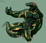  2017 3_toes 4_fingers alligator anthro bodysuit bulge clothed clothing crocodile crocodilian digital_media_(artwork) male mammal muscular qundium reptile rubber scalie simple_background skinsuit solo suit teeth tight_clothing toes 