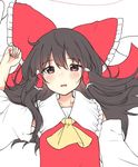  arm_up ascot bad_id bad_twitter_id bangs black_eyes black_hair blush bow brown_hair cheunes commentary_request detached_sleeves eyebrows_visible_through_hair hair_between_eyes hair_bow hair_tubes hakurei_reimu huge_bow long_hair looking_at_viewer open_mouth red_bow red_string sidelocks solo string touhou upper_body work_in_progress 