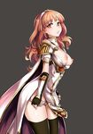  armor bangs bare_shoulders black_gloves black_legwear bow bow_panties breasts breasts_outside cape celica_(fire_emblem) detached_collar dress fingerless_gloves fire_emblem fire_emblem_echoes:_mou_hitori_no_eiyuuou gloves hairband kaorihero long_hair looking_at_viewer medium_breasts nipples orange_eyes panties panty_pull pauldrons pubic_hair red_eyes simple_background solo thighhighs tiara underwear white_dress white_hairband white_panties 