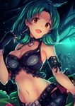  :d armpits bangs belt bracer breasts brown_eyes choker cleavage collarbone curly_hair eyebrows fingerless_gloves gloves green_hair hair_ornament hair_twirling heart idolmaster idolmaster_million_live! ima_(lm_ew) jewelry long_hair medium_breasts midriff navel open_mouth ribbon smile solo tokugawa_matsuri 