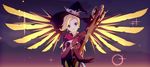  alternate_costume blonde_hair blue_eyes bodice breasts brown_gloves cleavage earrings elbow_gloves gloves glowing glowing_wings gradient gradient_background gun halloween_costume handgun hat head_tilt high_ponytail highres holding holding_gun holding_staff holding_weapon ini_(337925195) jack-o'-lantern jack-o'-lantern_earrings jewelry looking_at_viewer mechanical_wings medium_breasts mercy_(overwatch) overwatch pistol purple_background short_sleeves solo spread_wings staff trigger_discipline upper_body weapon wings witch witch_hat witch_mercy yellow_wings 