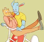  anthro bicycle blush burgerpants clothed clothing cute digital_media_(artwork) duo feline footwear happy hat lagomorph male mammal pants rabbit shirt shoes simple_background smile source_request undertale unknown_artist video_games what wide_eyed 