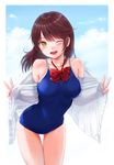  ;d bangs bare_shoulders blue_sky blue_swimsuit blush bow bowtie breasts brown_eyes brown_hair cloud collarbone commentary_request competition_school_swimsuit covered_navel covered_nipples day double_v dress_shirt eri_(resia) eyebrows_visible_through_hair highres large_breasts long_hair looking_at_viewer loose_bowtie no_pants one-piece_swimsuit one_eye_closed open_clothes open_mouth open_shirt original outdoors school_swimsuit school_uniform shirt sky smile solo standing swimsuit swimsuit_under_clothes v wet white_shirt 