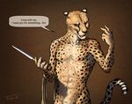  animal_genitalia anthro cheetah dialogue feline knife looking_at_viewer male mammal nude open_mouth pawpads rope sheath solo titusw yellow_eyes 