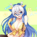  animal_ears antennae bandaid bandaid_on_nose blue_eyes blue_hair breasts elbow_gloves gen_2_pokemon girafarig gloves groin kasuka108 large_breasts long_hair looking_at_viewer midriff multicolored_hair navel open_mouth personification pokemon smile two-tone_hair white_hair 
