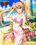  2015 ;) artist_request beach blonde_hair blush breasts card_(medium) chess_piece company_name copyright_name covered_nipples day halter_top halterneck high_school_dxd highres large_breasts long_hair ocean official_art one_eye_closed purple_eyes sand see-through shidou_irina smile solo sparkle swimsuit trading_card twintails 