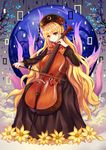  bangs black_dress black_hat blonde_hair cello closed_mouth crescent dress energy fengguan flower hat highres instrument junko_(touhou) long_hair long_sleeves looking_at_viewer mirror_(xilu4) orange_eyes smile solo standing tabard tassel touhou very_long_hair wavy_hair yellow_flower 