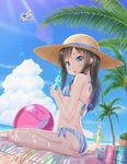  aircraft airplane asashio_(kantai_collection) ass ball bare_arms beach beachball bikini biplane black_hair blue_eyes blue_sky blush breasts cloud cloudy_sky commentary_request day drum_(container) english f1m from_behind gotou_hisashi highres innertube kantai_collection kasumi_(kantai_collection) lens_flare long_hair looking_at_viewer multiple_girls outdoors palm_tree parted_lips ramune seaplane side-tie_bikini side_ponytail silver_hair sitting sky small_breasts standing striped striped_bikini swimsuit tree wariza white_bikini 
