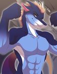  2017 5_fingers abs biceps blonde_hair blue_scales bust_portrait claws clothed clothing dragon gradient grin hair half-length_portrait hi_res horn humanoid_hands lawkie looking_at_viewer male muscular pecs portrait pose reptile scales scalie sharp_teeth smile solo standing teeth teryx_commodore topless white_scales yellow_eyes 