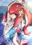  blush breasts chrokey fins fish_girl hair_ornament highres jewelry long_hair looking_at_viewer mipha monster_girl multicolored multicolored_skin no_eyebrows red_hair red_skin small_breasts solo the_legend_of_zelda the_legend_of_zelda:_breath_of_the_wild yellow_eyes zora 