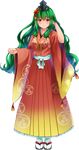  breasts full_body green_hair hair_ornament hand_in_hair headwear japanese_clothes kanna_(chaos966) large_breasts long_hair oshiro_project oshiro_project_re red_eyes smile solo transparent_background yoshida_kooriyama_(oshiro_project) 