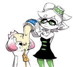  2girls domino_mask dress earrings eyebrows_visible_through_hair food food_in_mouth food_on_face food_on_head gloves green_eyes green_legwear hair_ornament hime_(splatoon) hotaru_(splatoon) jar jewelry mask mayonnaise mole mole_under_eye multiple_girls object_on_head open_mouth pantyhose pointy_ears pouring simple_background sleeveless sleeveless_dress smile splatoon_(series) splatoon_2 strapless strapless_dress symbol-shaped_pupils taikodon what white_background white_gloves zipper 