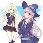  atobesakunolove blonde_hair blue_eyes braid commentary_request cosplay costume_switch danganronpa diana_cavendish diana_cavendish_(cosplay) gloves hair_ribbon hat highres hikasa_youko jacket kirigiri_kyouko kirigiri_kyouko_(cosplay) light_green_hair little_witch_academia long_hair looking_at_viewer multicolored_hair multiple_girls necktie purple_eyes purple_hair ribbon school_uniform seiyuu_connection side_braid single_braid skirt two-tone_hair wand witch witch_hat 
