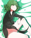  bare_legs bare_shoulders black_dress blush breasts closed_mouth commentary curly_hair dress eyebrows_visible_through_hair green_eyes green_hair hand_on_own_knee looking_up no_panties one-punch_man senju_(snz0) sitting small_breasts solo tatsumaki upper_body 