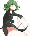  bare_legs bare_shoulders black_dress blush breasts closed_mouth commentary_request curly_hair dress eyebrows_visible_through_hair green_eyes green_hair hand_on_own_knee looking_up no_panties one-punch_man senju_(snz0) simple_background sitting small_breasts solo tatsumaki upper_body white_background 