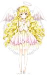  :o angel angel_wings bare_shoulders blonde_hair blush dress eyebrows_visible_through_hair feathered_wings flower frilled_dress frills full_body gradient_dress hair_bobbles hair_flower hair_ornament halo hands_clasped head_tilt highres long_hair looking_at_viewer low-tied_long_hair no_socks off-shoulder_dress off_shoulder original own_hands_together parted_lips pink_dress shoes short_dress short_sleeves simple_background solo standing tsukiyo_(skymint) very_long_hair wavy_hair white_background white_footwear white_wings wings yellow_dress yellow_eyes 