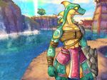  arm_wraps armor blurred_background claws clothing gauntlets gloves green_scales horn invalid_tag kixl_(character) leather lizalfos lizard loincloth looking_aside male nintendo outside reptile scales scalie sky skyward_sword solo tattoo thatpurplemoth_(artist) the_legend_of_zelda tree video_games water waterfall wraps yellow_eyes yellow_underbelly 