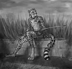  anklet bow cheetah claws clothed clothing collar digitigrade feline greyscale headband jewelry male mammal monochrome necklace outside paws quiver sitting sky solo tall_grass titusw topless 