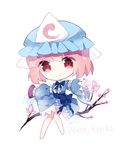  blue_dress bug butterfly cherry_blossoms chibi cuivre dress fan hat hitodama insect japanese_clothes kimono long_sleeves mob_cap obi petals pink_eyes pink_hair ribbon saigyouji_yuyuko sash short_hair solo touhou triangular_headpiece wavy_hair wide_sleeves 