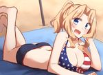  alternate_hairstyle american_flag_bikini beach bikini blue_bikini_bottom breasts chin_rest day eyebrows_visible_through_hair flag_print front-tie_bikini front-tie_top girls_und_panzer hair_intakes highres kapatarou kay_(girls_und_panzer) large_breasts long_hair looking_at_viewer lying mismatched_bikini on_stomach open_mouth ponytail sketch smile solo swimsuit 