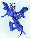  4_toes 5_fingers blue_feathers breasts brown_eyes feathered_wings feathers featureless_breasts featureless_crotch female hair horn hybrid mammal marsupial navel silvermoonfox simple_background smile toes white_hair wings 