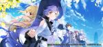  3boys 3girls blonde_hair blue_sky brown_hair cape crossed_arms day grey_hair hand_holding hat law_of_creation leaf long_hair long_sleeves multiple_boys multiple_girls official_art outdoors purple_cape purple_hair silver_hair sky smile standing sukja tower upper_body 
