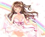  ^_^ artist_name bangs blush breasts brown_eyes brown_hair cleavage closed_eyes dress dress_lift flower frilled_dress frills hair_flower hair_ornament halter_dress idolmaster idolmaster_cinderella_girls long_hair medium_breasts no_bra no_panties one_side_up open_mouth out-of-frame_censoring ozawa_yuu petals pink_dress pink_ribbon rainbow ribbon shimamura_uzuki smile solo sundress swept_bangs 