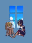  1boy 1girl black_hair blonde_hair lillie_(pokemon) male_protagonist_(pokemon_sm) pokemon pokemon_(game) pokemon_sm ponytail sitting skirt sleeping striped_shirt tagme window you_(pokemon_sm) 