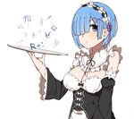  bangs blue_eyes blue_hair blunt_bangs blush breasts closed_mouth collar commentary_request copyright_name detached_collar detached_sleeves frilled_collar frilled_hairband frills hair_over_one_eye hairband holding holding_plate looking_at_viewer maid medium_breasts plate re:zero_kara_hajimeru_isekai_seikatsu rem_(re:zero) senju_(snz0) short_hair simple_background solo upper_body white_background wide_sleeves 