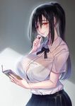  :&gt; black_hair black_skirt blush book breasts button_gap closed_mouth collared_shirt commentary_request dress_shirt from_side hair_between_eyes hair_over_eyes high_ponytail holding holding_book holding_hair huge_breasts long_hair looking_at_viewer open_book original pleated_skirt red_eyes shirt skirt smile solo upper_body white_shirt wing_collar wings zhen_lu 