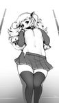  alps_to_kiken_na_mori areolae breasts character_request commentary english_commentary greyscale long_hair looking_at_viewer lying medium_breasts monochrome navel nipples no_bra no_panties on_back shirt_lift skirt solo thighhighs typo_(requiemdusk) unzipped 