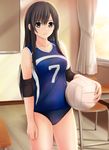  ball bangs black_hair blue_eyes breasts buruma cameltoe chair classroom collarbone commentary_request curtains desk elbow_pads eyebrows_visible_through_hair holding holding_ball indoors long_hair looking_at_viewer medium_breasts nonaka_ritsu original parted_lips school_chair school_desk sidelocks solo sportswear volleyball volleyball_uniform 