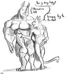  anthro balls big_penis dialogue duo english_text erection feline greyscale handjob humanoid_penis male male/male mammal monochrome muscular nude open_mouth penis rhinoceros sex smile standing text uniparasite 