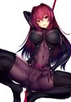  ass_visible_through_thighs bar_censor bodysuit breasts censored covered_navel covered_nipples fate/grand_order fate_(series) hair_intakes heart heart-shaped_pupils highres large_breasts long_hair polearm purple_hair red_eyes scathach_(fate)_(all) scathach_(fate/grand_order) silly_(marinkomoe) simple_background spear spread_legs squatting symbol-shaped_pupils weapon white_background 