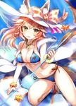  animal_ears bikini blue_bikini blush breasts cleavage ears_through_headwear fate/grand_order fate_(series) fox_ears fox_tail hat innertube keepout large_breasts long_hair looking_at_viewer navel ocean open_mouth outdoors pink_hair ribbon solo sun_hat swimsuit tail tamamo_(fate)_(all) tamamo_no_mae_(fate) tamamo_no_mae_(swimsuit_lancer)_(fate) water white_hat yellow_eyes 